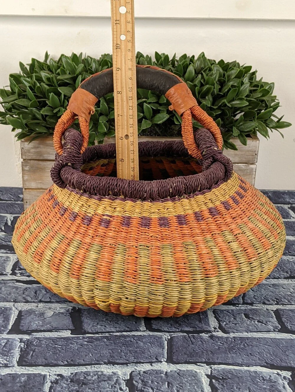 Handwoven African Bolga Basket w/ Wrapped Leather Handle